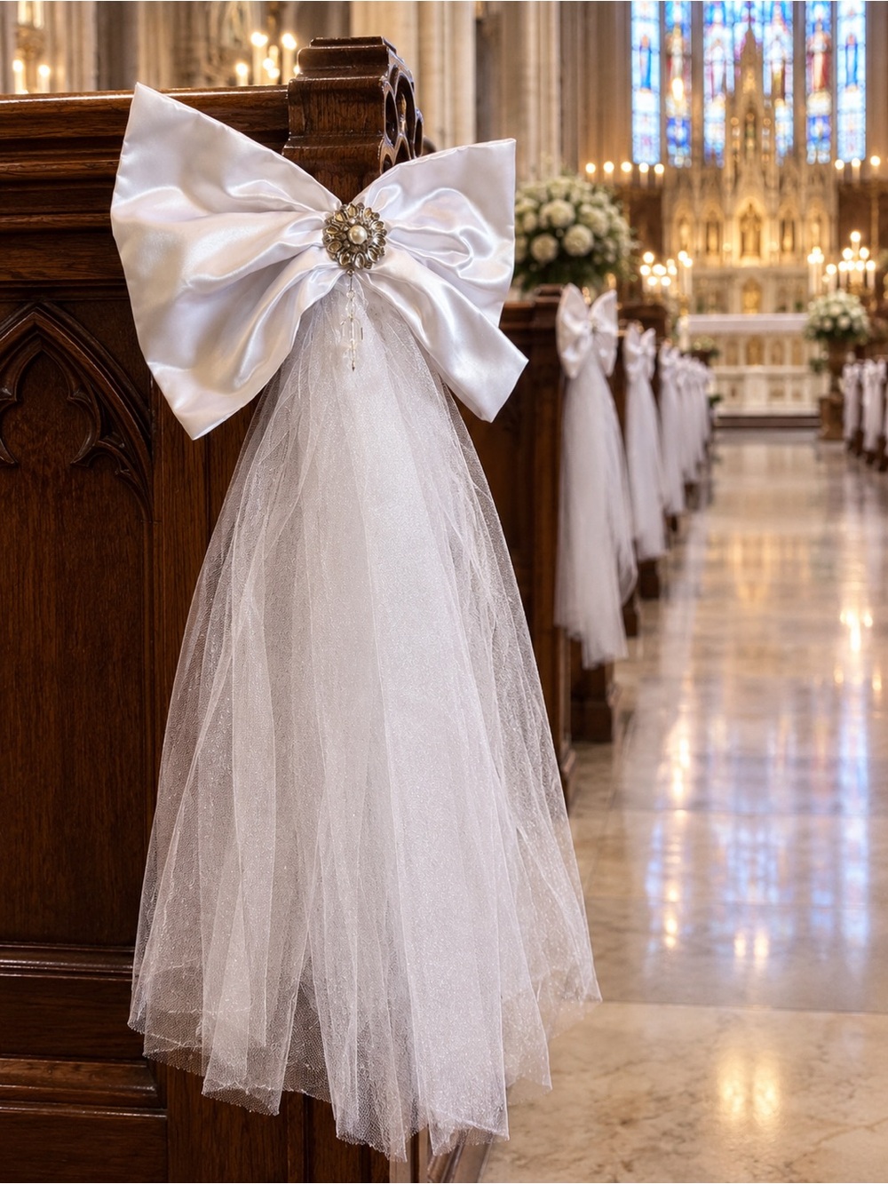 White Satin Tulle Overlay Pew Bows (8)